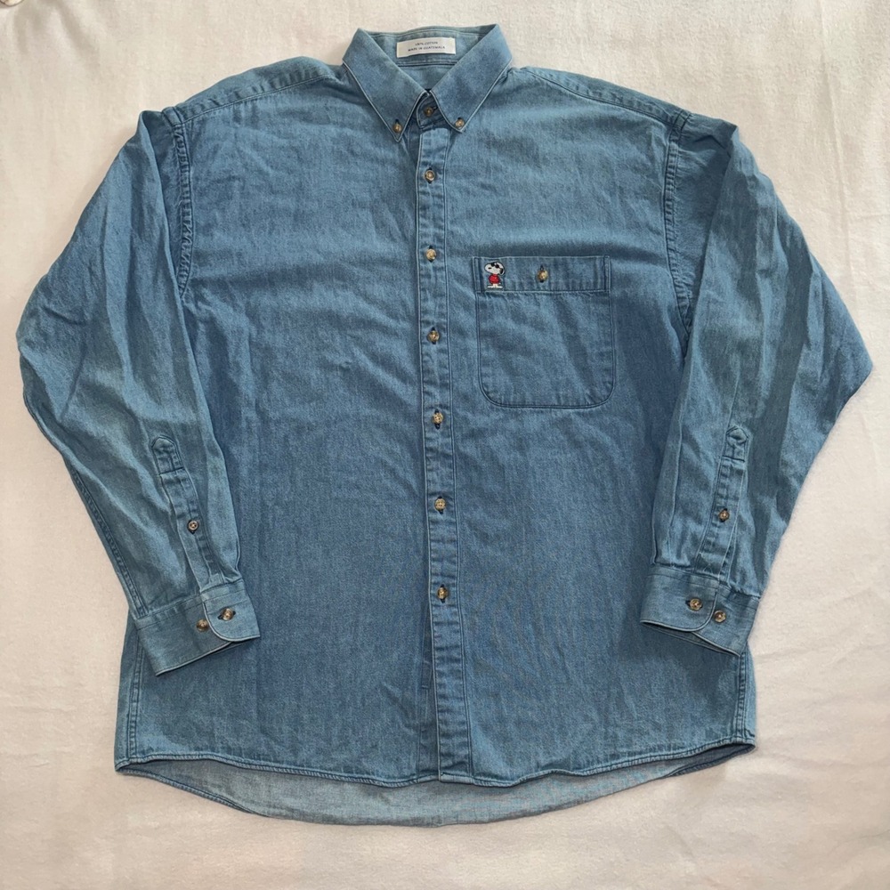 90s Snoopy & Friends Joe Cool Denim Button Down Shirt Mens L 16.5 34/35 Blue VTG